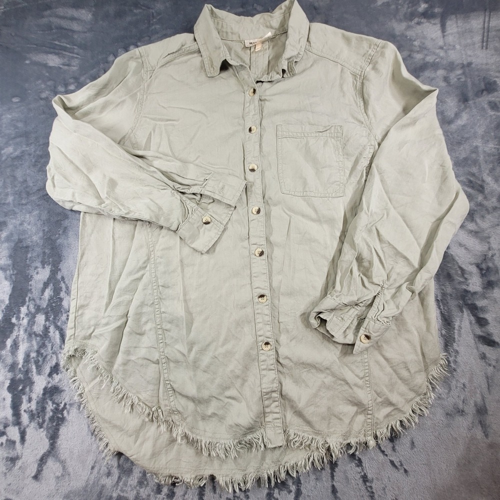 Hester & Orchard‎ Womens Sage Green 100% Tencel Fringe Hem Button Down Shirt L